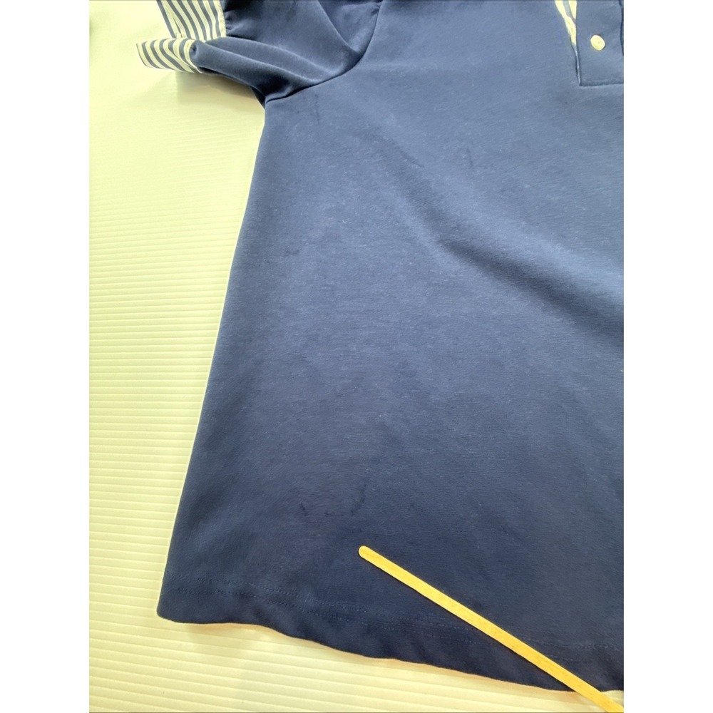 Entro Navy Puff Sleeve Top with Striped Contrast Cuffs & Ruffle Neck M - Picture 6 of 9
